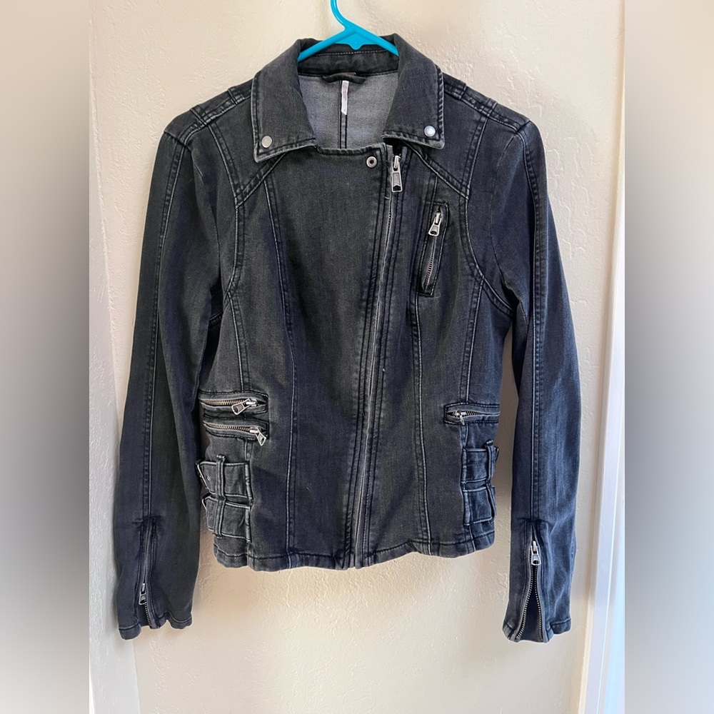 Free People Washed Black Denim Moto Jacket